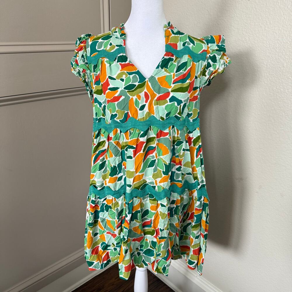 Umgee S Green Abstract Print Tiered Split Ruffle Neck Dress Ric Rac Trim Boho - Picture 2 of 6
